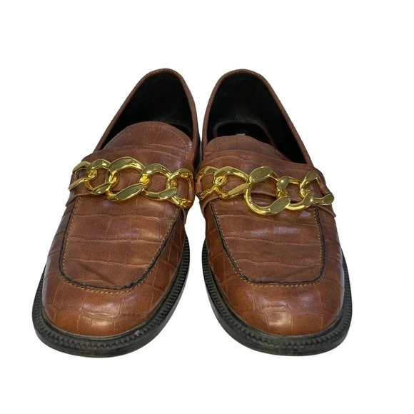 Mango Gold Chain Brown Textured Loafers | Size 8.5 - Picture 2 of 9